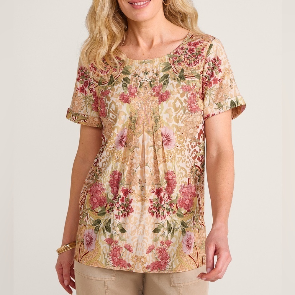 Soft Surroundings Cusabo Short Sleeve Top Blouse Natural Leopard Floral Medium M